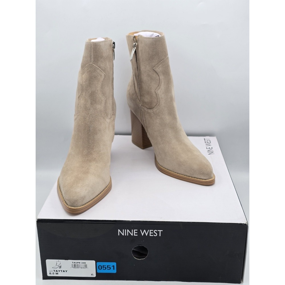 Nine West Size 8.5 Taupe Sueded Fabric Ankle Boots Block Pointed Western Taytay